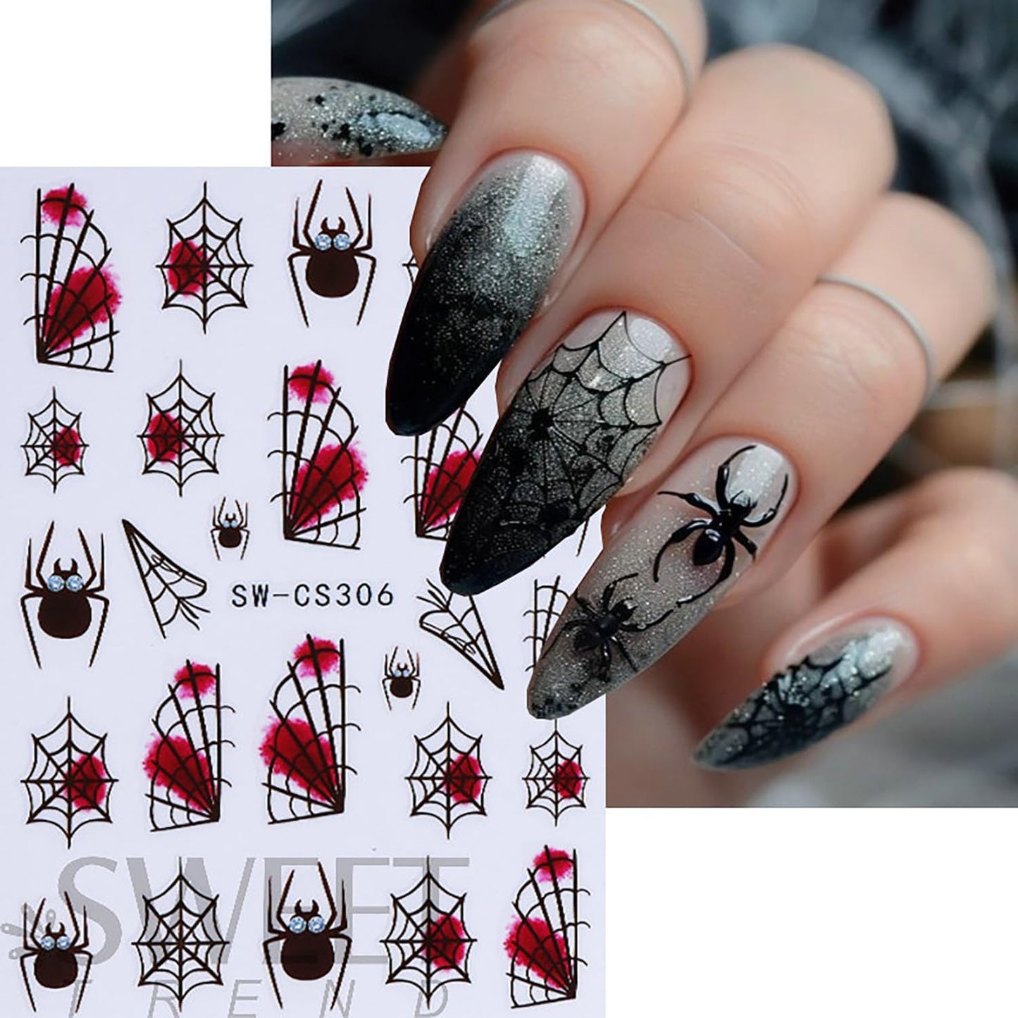 6 Sheets Halloween Nail Art Stickers 3D Self -Adhesive Blood Spider Web Nail Decals Holographic Black Blue Spider Blood Drops Nail Stickers Halloween Nail Decoration for Women Manicure Supplies