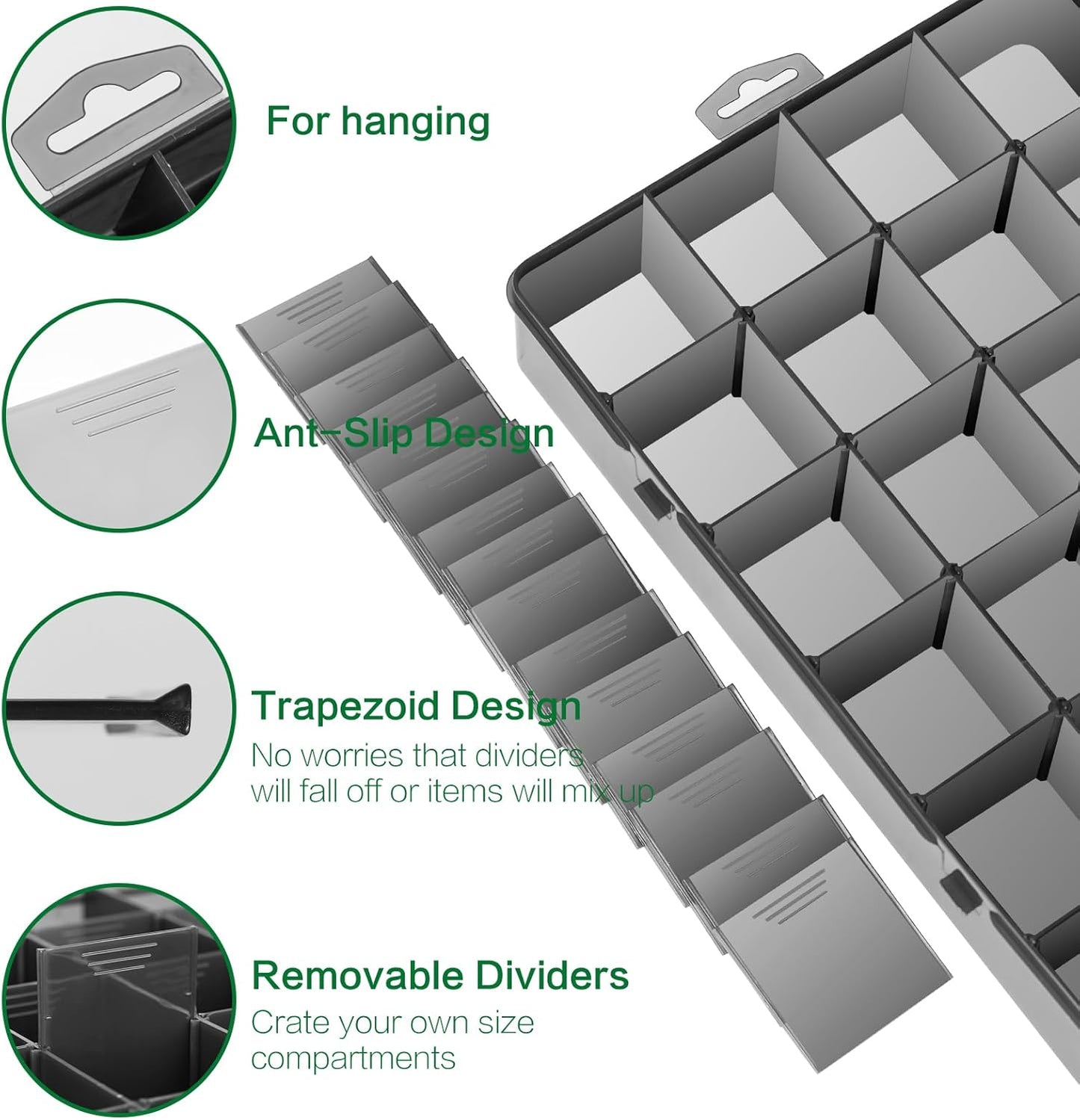 Large 24 Grids Plastic Organizer Box Adjustable Dividers,Clear Storage Box for Jewelry, Art DIY Crafts, Washi Tapes, Beads and Small Parts(Black,3Pack)