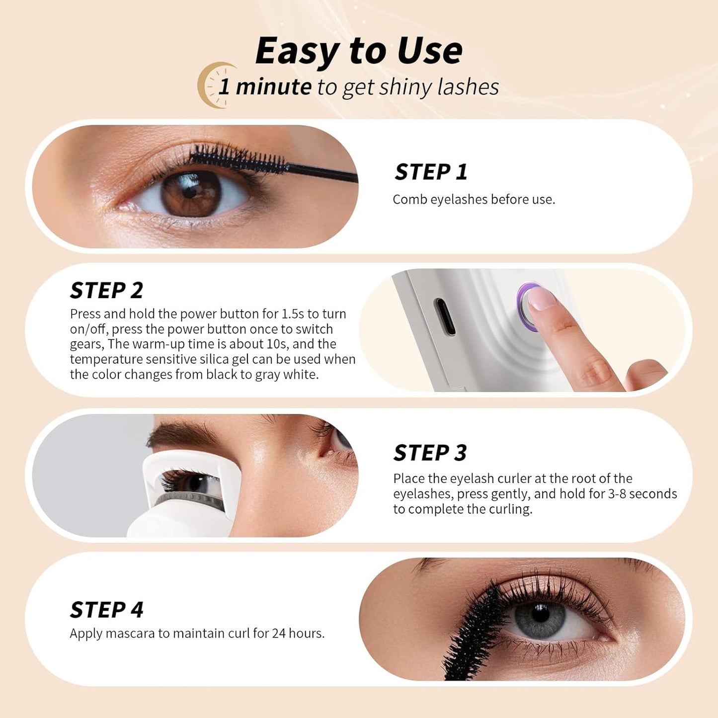 docolor Heated Eyelash Curler Fast Heat up Within 10s, 24 Hours Long Lasting Electric Eyelash Curler 3 Temperature Modes with USB Rechargeable Safe lash Curler Quick Natural Curling Eye Lashes