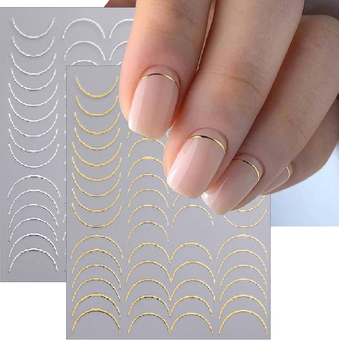 6 Sheets Lines French Tip Nail Art Stickers Gold Silver French Line Nail Decals 3D self-Adhesion Curve Lines Design French Nail Art Supplies for Women DIY Manicure Decoration