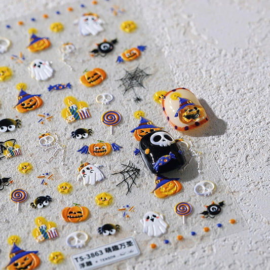 Halloween Nail Stickers 5D Embossed Cute Ghost Nail Art Stickers for Nail Art Designs Halloween Nail Decals Self Adhesive Cute Bat Pumpkin Spider Nail Supplies for Women Nail Decorations