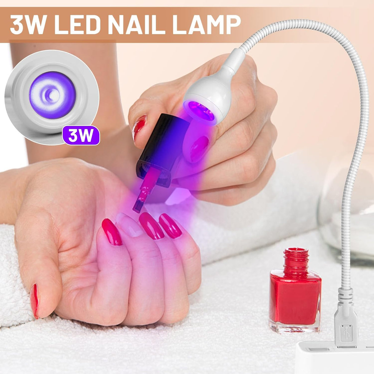 AORAEM UV LED Nail Lamp, 3W Portable Duck Neck UV Nail Lamps Dryer Gel Polish Curing Light with White Gooseneck for Gel Nails Tips USB Plug Play Nails Salon and Home DIY