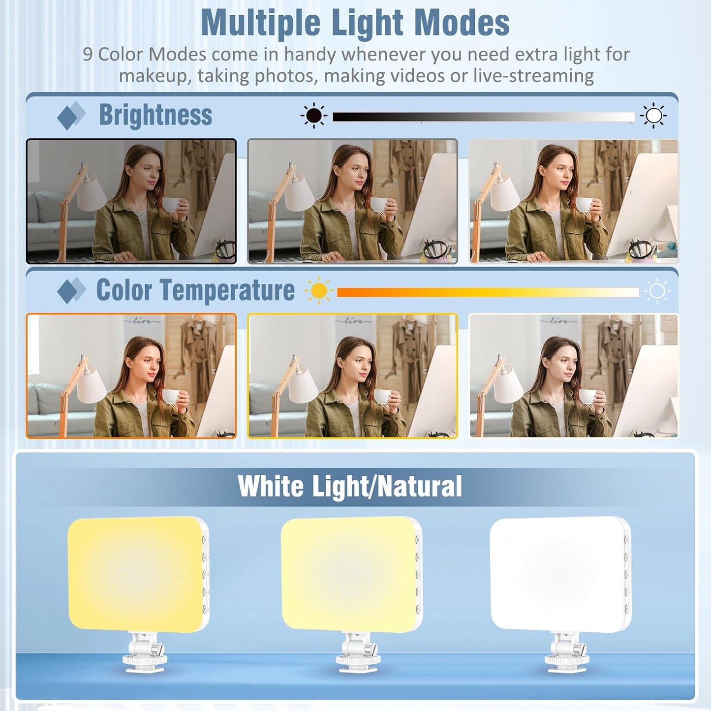 60 LED Portable Selfie Light Video Conference Lighting with Clip & Camera Tripod Adapter Rechargeable 2200mAh CRI 97+, 9 Light Modes for Phone iPhone Webcam Laptop Photo Makeup