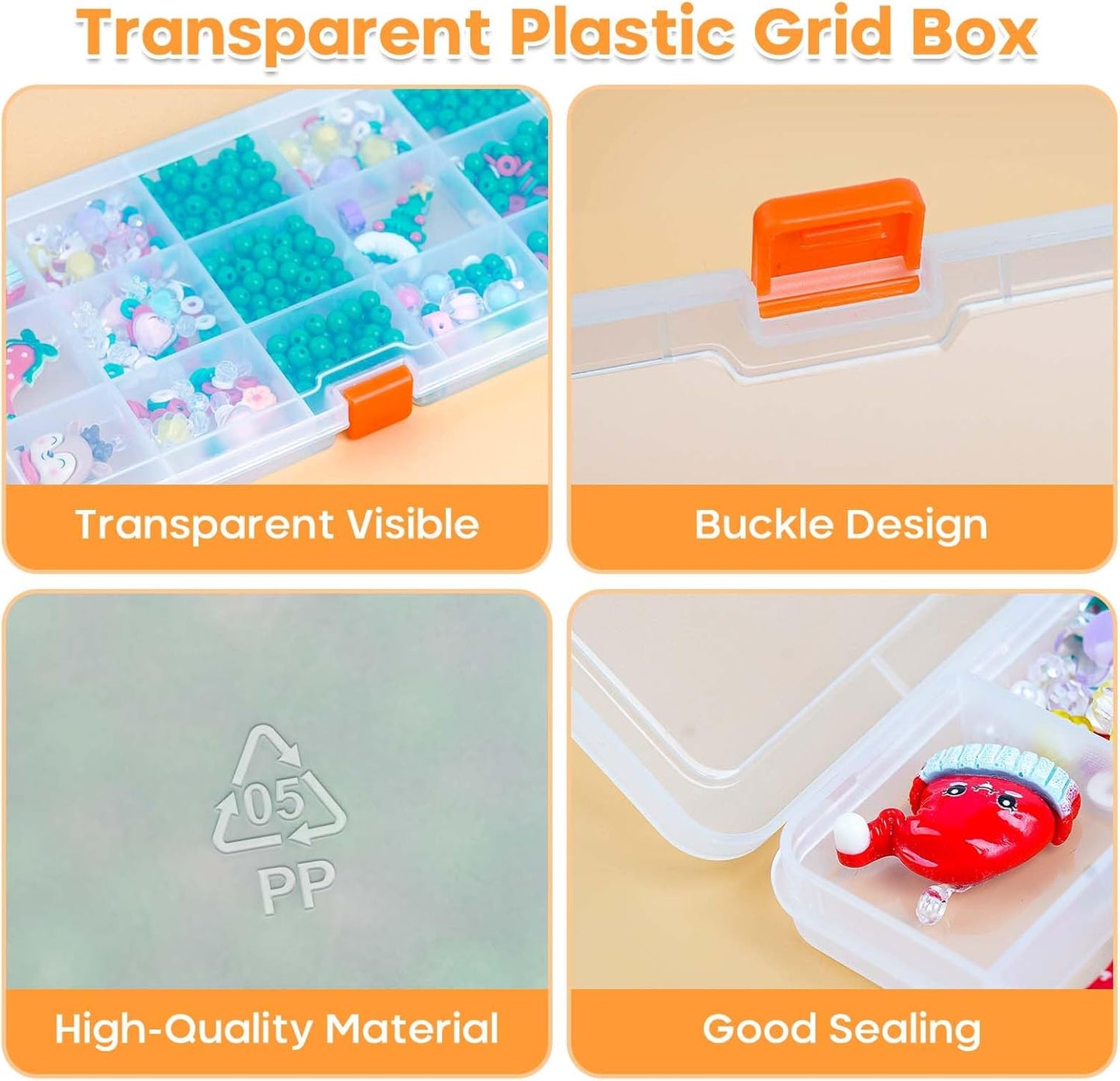 4PACK Extra Thick Bead Organizers and Storage Box, 15 Grid Mini Clear Jewelry Making Storage Solutions Plastic Organizer Case Craft Containers for Nail Rhinestones DIY Diamond Accessories