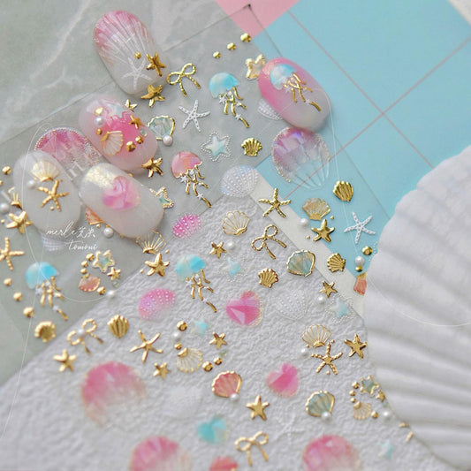 1 Sheets Summer Nail Stickers for Nails Art 5D Embossed Self-Adhesive Shell Starfish Nail Art Stickers Decals Gold Ocean Star Jellyfish Design Beach Nail Supplies for Women Acrylic Manicure Salon