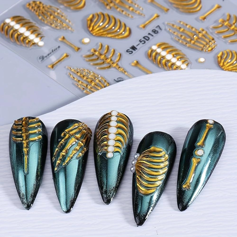 3Pcs Skull & Ribcage 5D Nail Stickers - Y2K Gothic Horror Design, Self-Adhesive Foil Decals Halloween Nail Art, Single-Use Plastic Embossed Animal Print, Golden, White, Rose Gold Skull Nails Decals