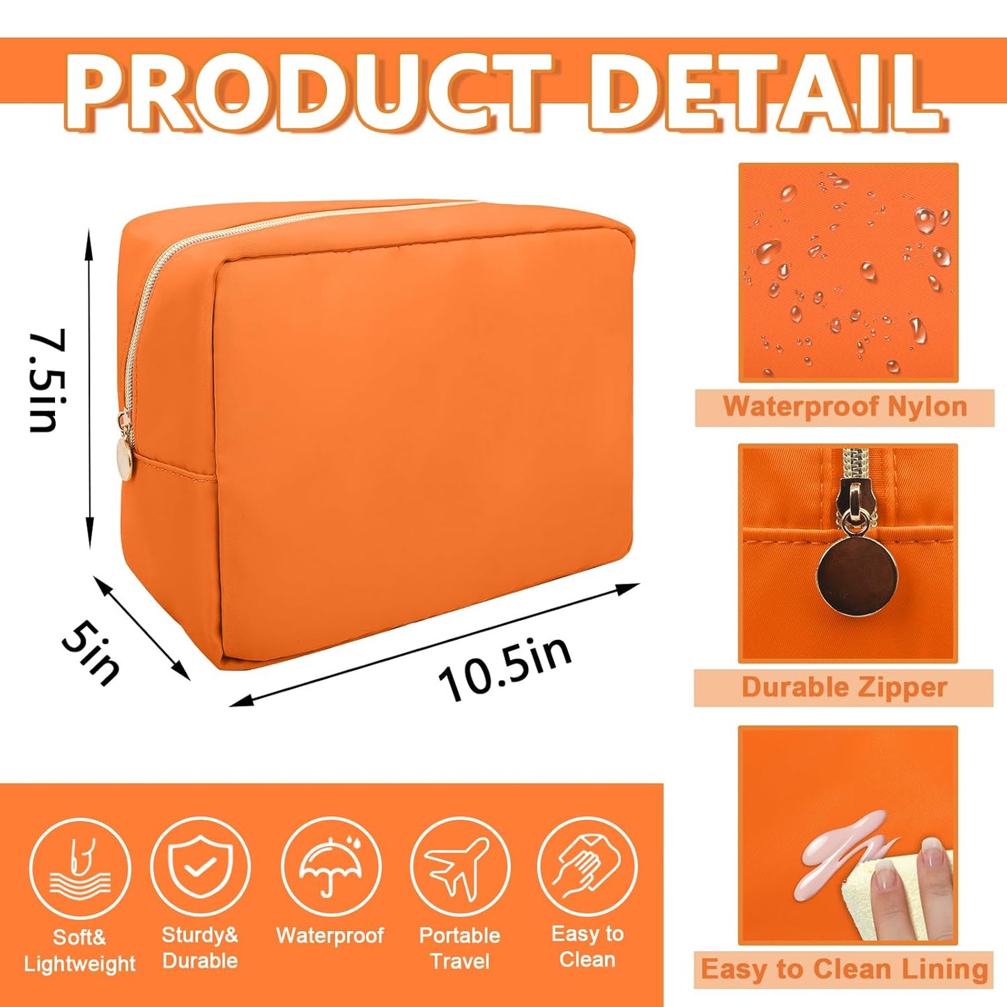 Large Makeup Bag Pouch,Nylon Women Travel Toiletry Storage Bag Preppy Cosmetic Bag for Girls,Big Makeup Organizer Bag Cute Zipper Pouch Skincare Bag for Sport Work Gift(Large-Peach)