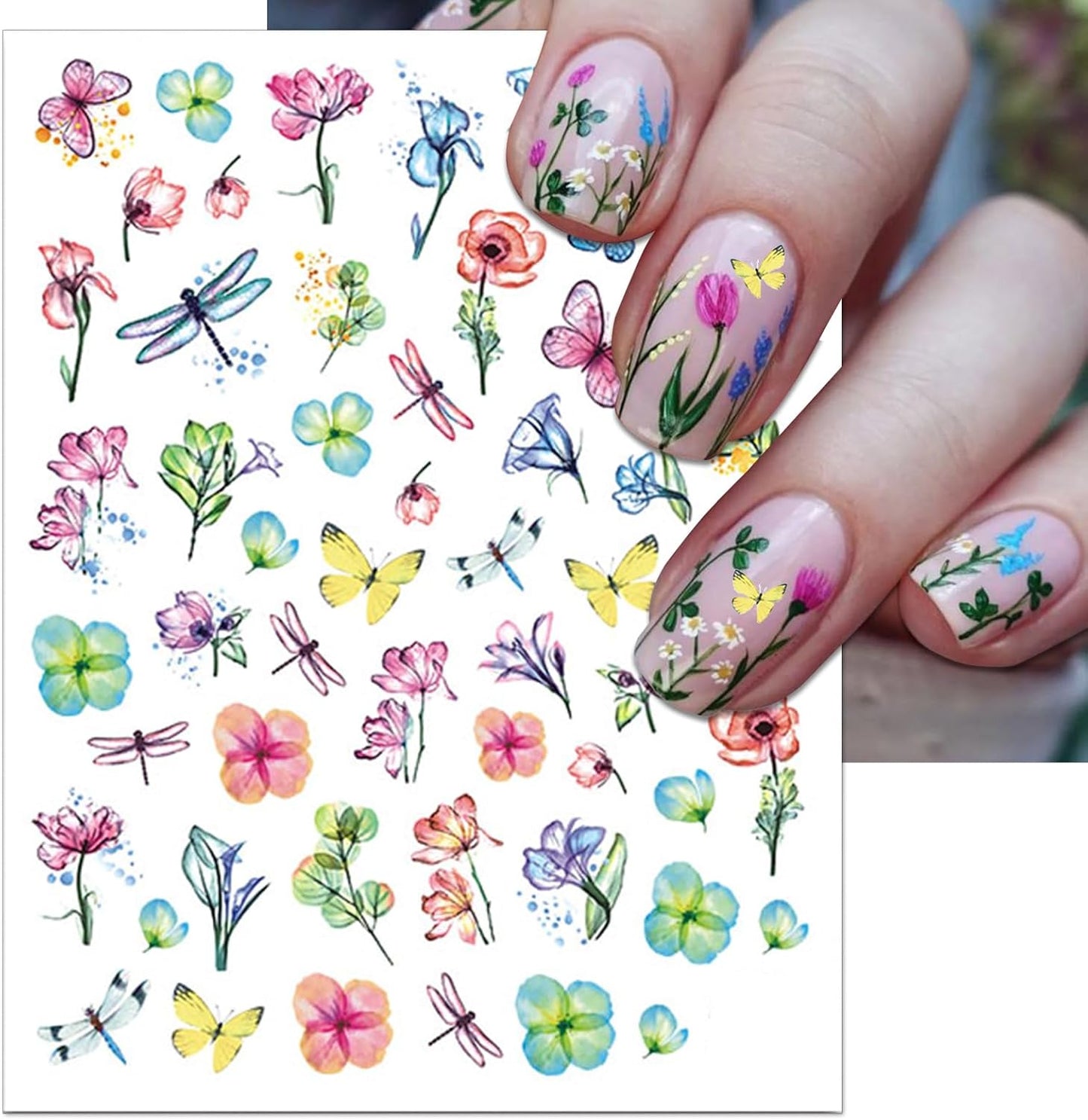 12 Sheets Flower Nail Art Stickers, Self-Adhesive Variety Colorful Floral Nail Decals, 3D Design Butterflies Dragonfly Nail Decorations for Women