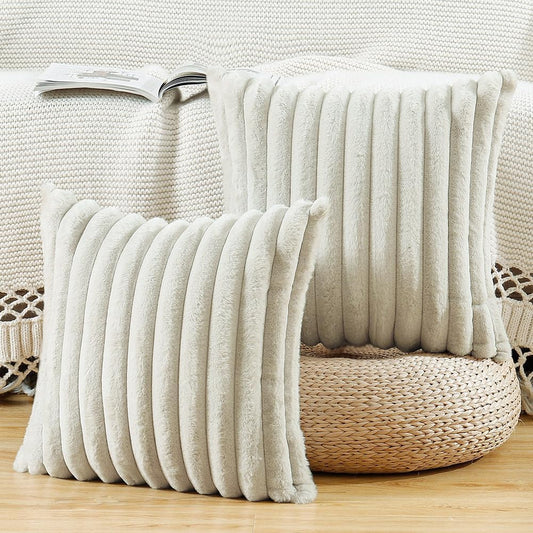 MADIZZ Set of 2 Faux Wool Plush Decorative Throw Pillow Covers 16x16 Inch Greyish White Fluffy Striped Soft Decorative Cushion Cover for Sofa Bedroom Pillow Shell