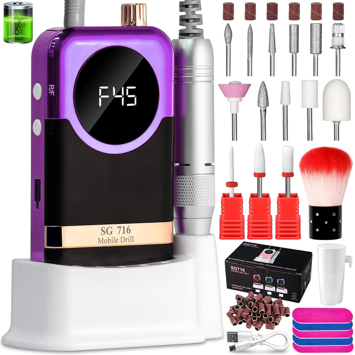 Electric Nail Drill Professional Kit - 45000RPM Electric Nail File Efile Portable Nail Drill Cordless with Bits & Base,E File Machine Nail Grinder for Women (Purple)