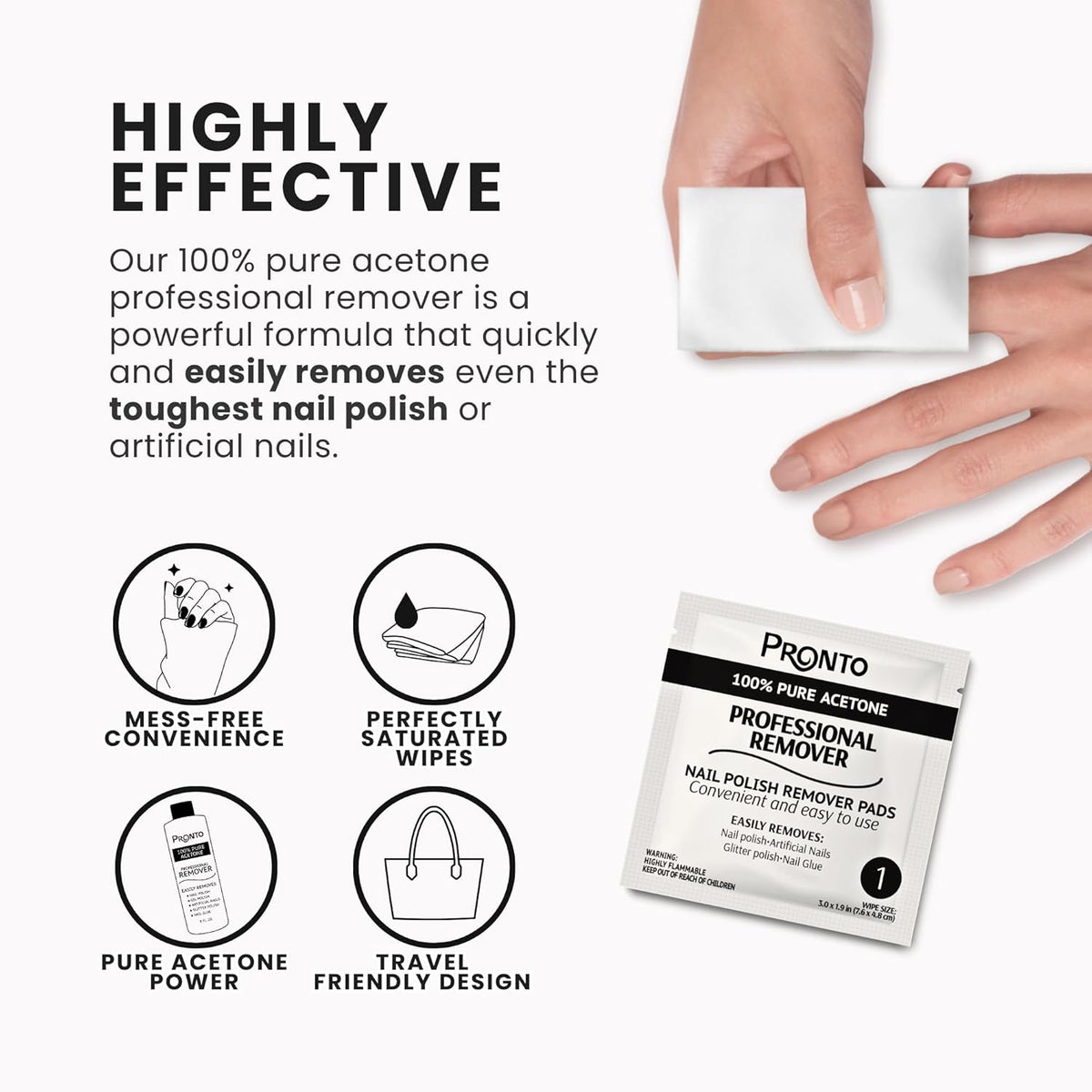 Pronto Pure Acetone Nail Polish Remover Pads, Individual 100 Pcs Nail Soak Off Pads for Gel Nail Polish, Nail Polish Remover Wipes for Quick Professional Nail Polish Removal Nail Pad For Salon & Home
