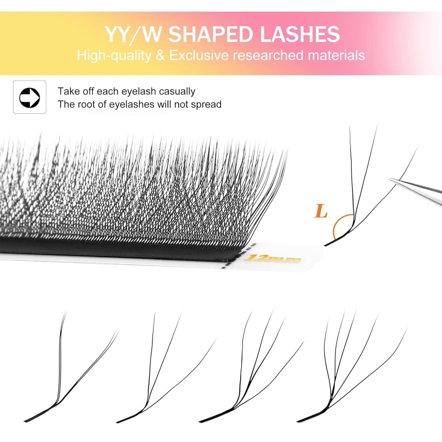 W Lash Extensions 5D Eyelash Extensions W Shape 0.07mm Thickness L Curl 12mm Premade Fans W Lashes Individual Lashes Matte Black 12 Rows False Eyelashes Volume Lashes(W-5D-0.07-L,12mm)