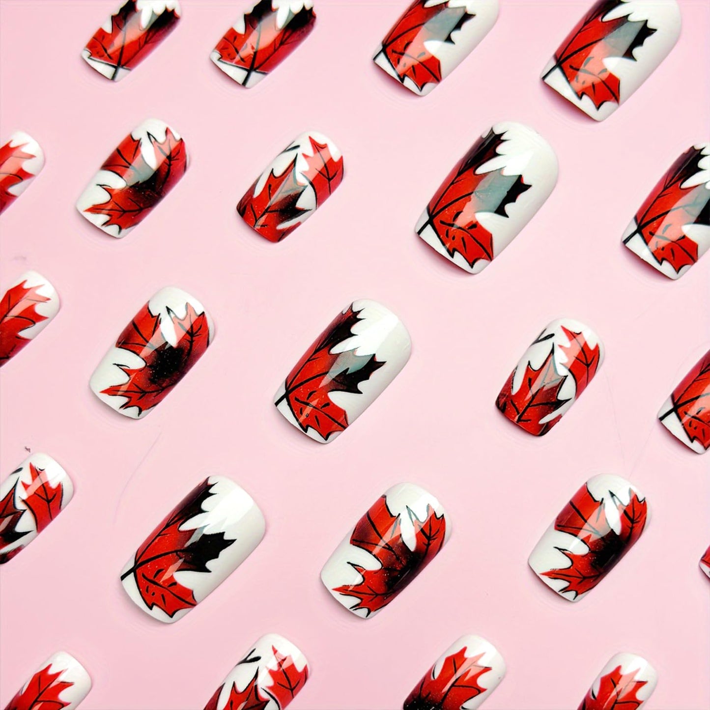 Fall Maple Leaf Press on Nails Medium Square Thanksgiving Fake Nails for Women Autumn Maple Leaves Acrylic Glue on Nail Glossy Reusable Artificial Stick on Nail