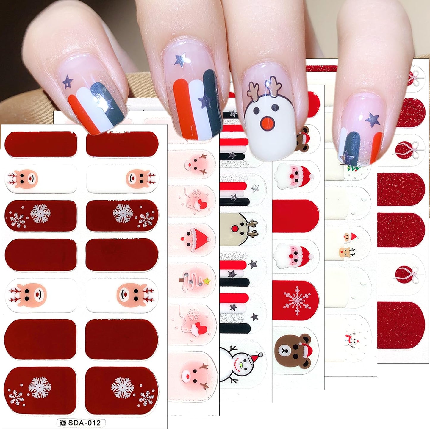 6Sheets Christmas Nail Wraps 3D Snowman Polish Strips Self-Adhesive Winter Gel Stickers Santa Claus Xmas Bell Reindeer Design for Nails Decorations