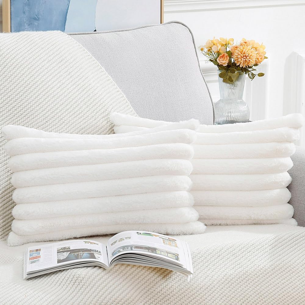 MADIZZ Set of 2 Faux Wool Plush Decorative Throw Pillow Covers 12x20 Inch Cream Fluffy Striped Soft Decorative Cushion Cover for Sofa Bedroom Pillow Shell