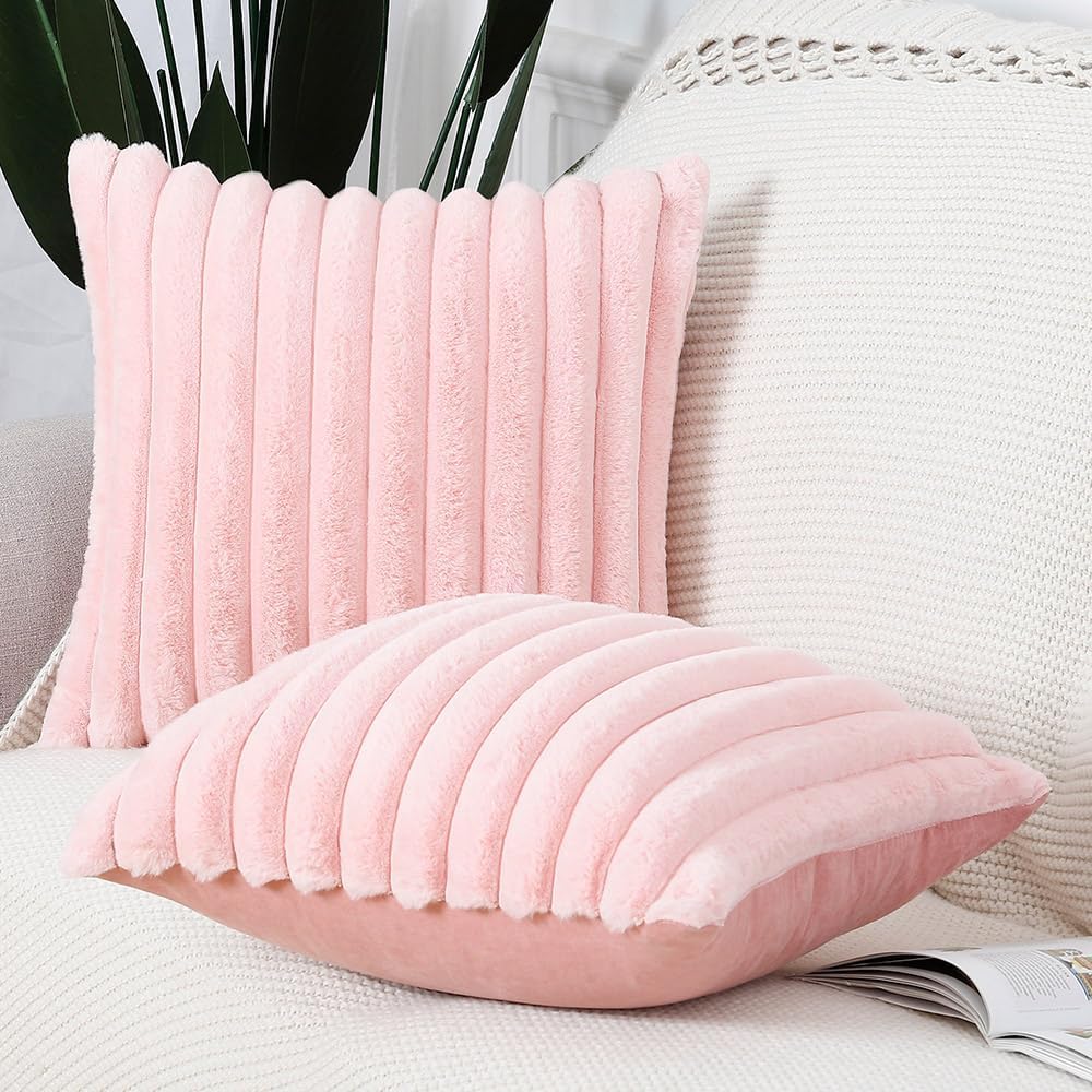 MADIZZ Set of 2 Faux Wool Plush Decorative Throw Pillow Covers 16x16 Inch Pink Fluffy Striped Soft Decorative Cushion Cover for Sofa Bedroom Pillow Shell