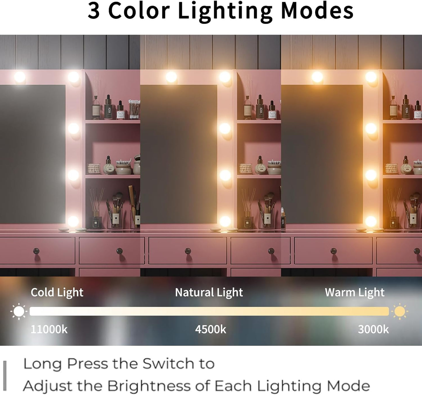 Vanity with Mirror and LED Lights,Vanity Desk with Power Outlet, Makeup Vanity with Drawers and 2 Cabinets, Fold-up Panel, Glass Top Vanity Table with Chair for Bedroom (10 Drawers, Pink)