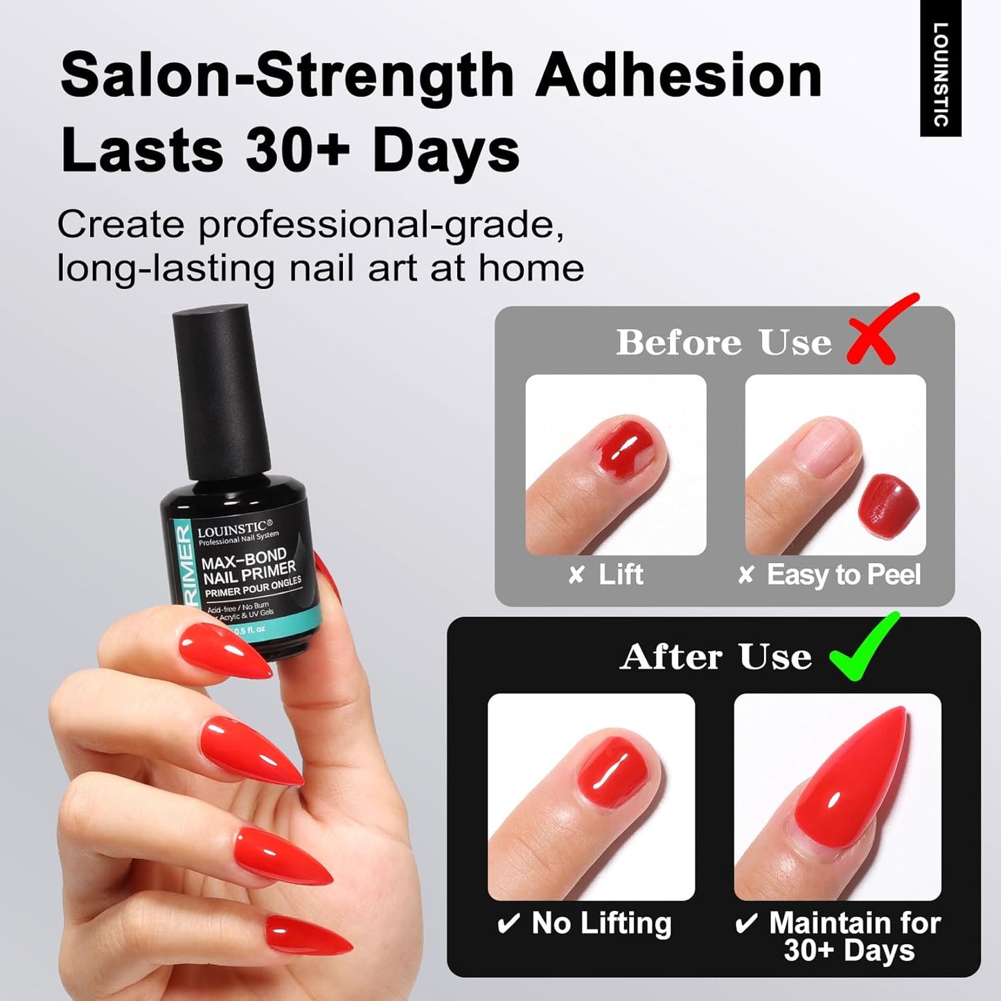 LOUINSTIC Acid-Free Nail Primer 15ml - Hema-Free Nail Prep for UV Gel, Builder Gel, Gel Polish & Acrylic Nails - No-Burn & No-Lift - Quick Air Dry, Low-Odor, Low-Irritant, Salon & Home Use