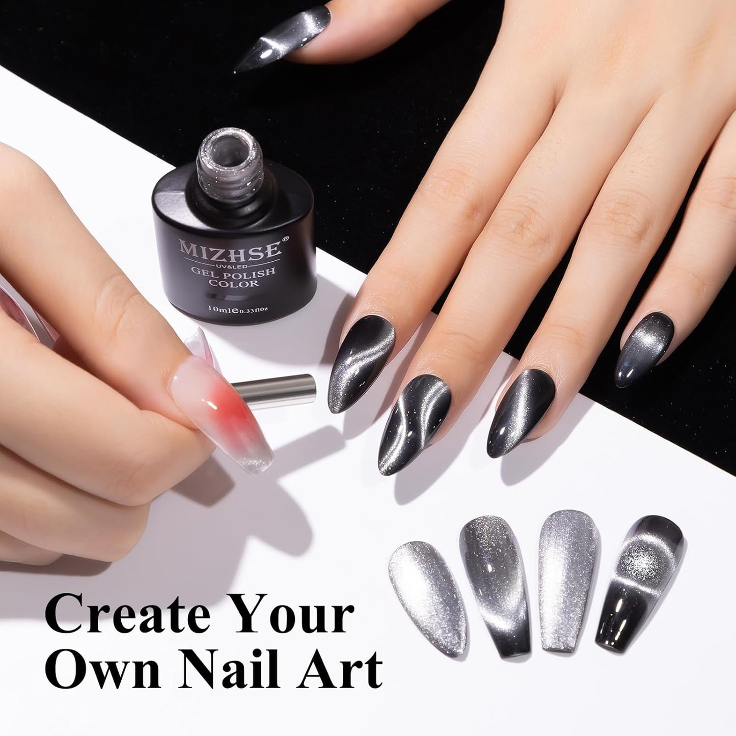 MIZHSE 9D Cat Eye Gel Nail Polish, Silver Magnetic Gel Polish with Magnet Stick, Magic Shimmer Galaxy Effect Holographic Glitter Silky Cat Eye Nail Polish Soak Off Nail Art Salon Manicure DIY at Home