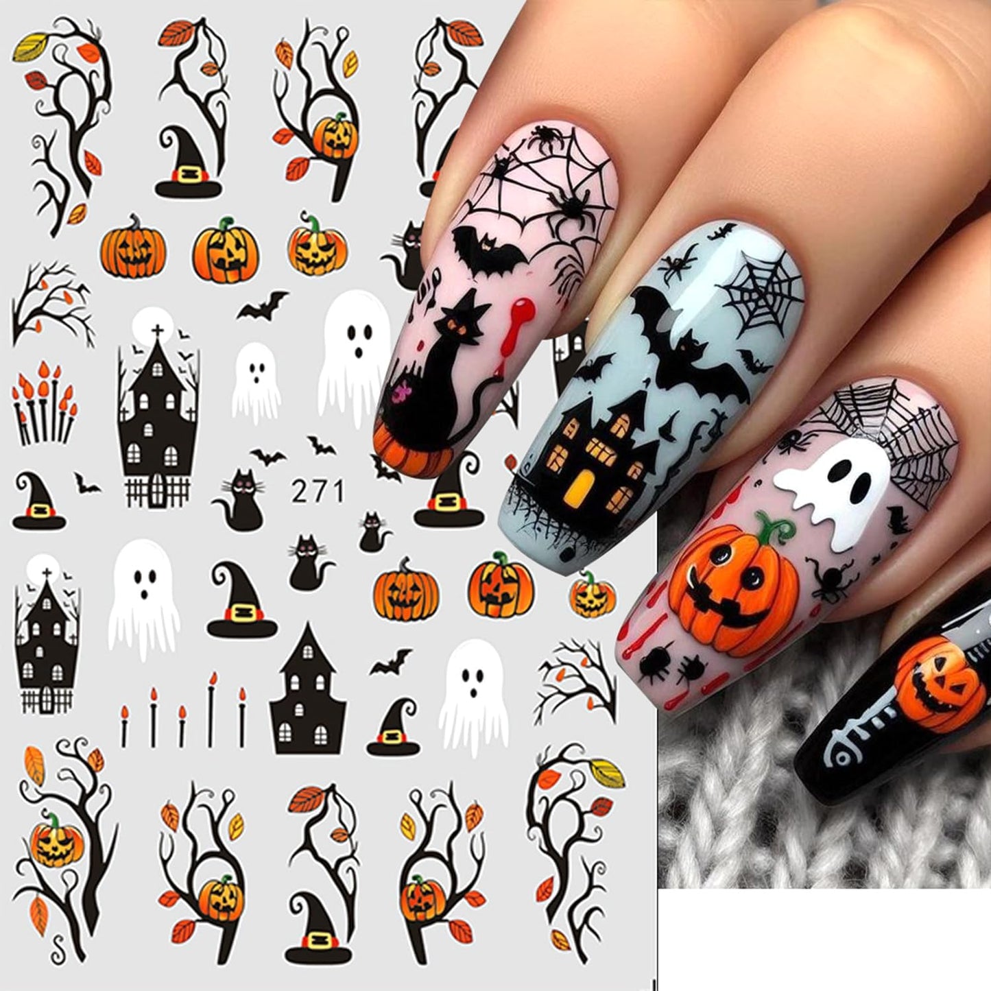 10 Sheets Halloween Nail Art Stickers Decals Cute White Ghost Nail Stickers Pumpkin Bat Spider Web Nails Decal Self-Adhesive Skull Flower Nails Art Decals for Women Halloween Decor