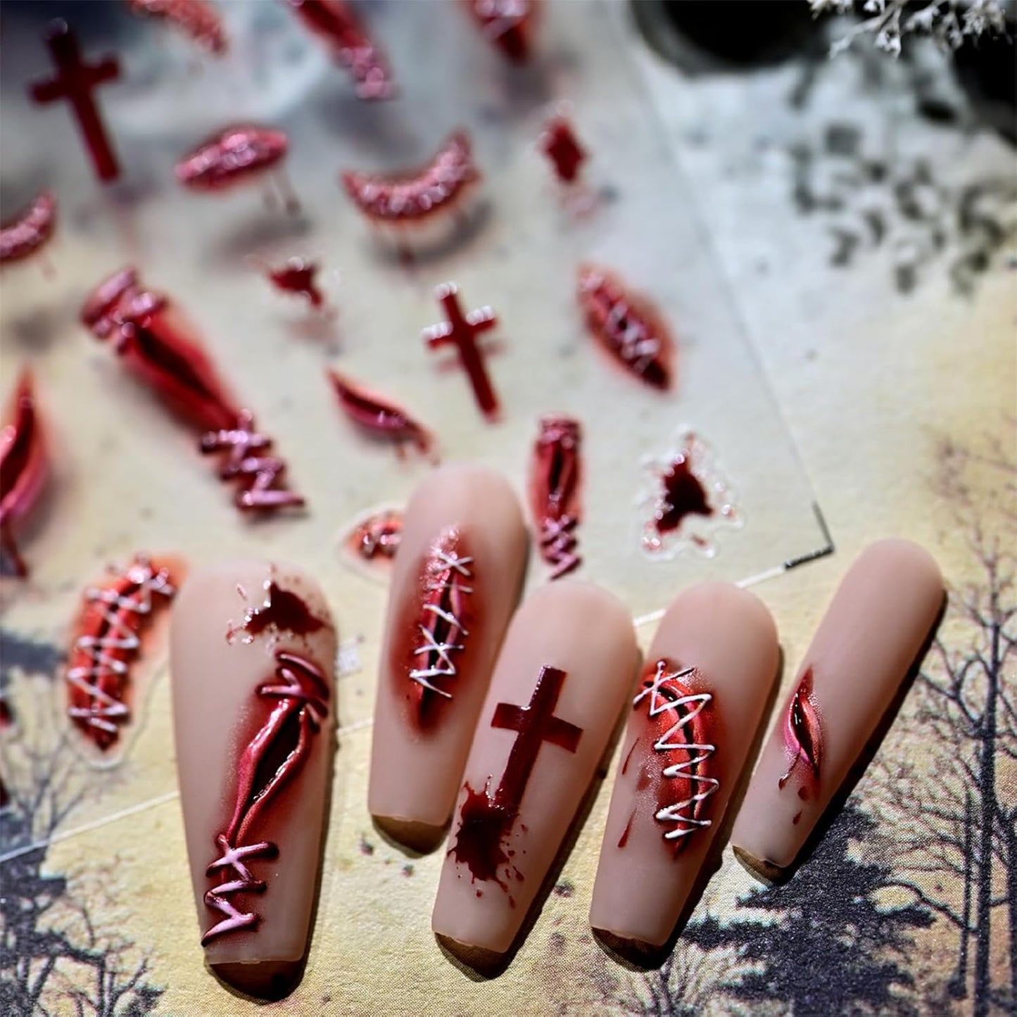 Halloween Nail Stickers for Nail Art Scary Stitch Nail Art Stickers Cross Blood Red 5D Embossed Wound Nail Decals Self-Adhesive Nails Supply Manicure Sliders Devil for Nails Decoration