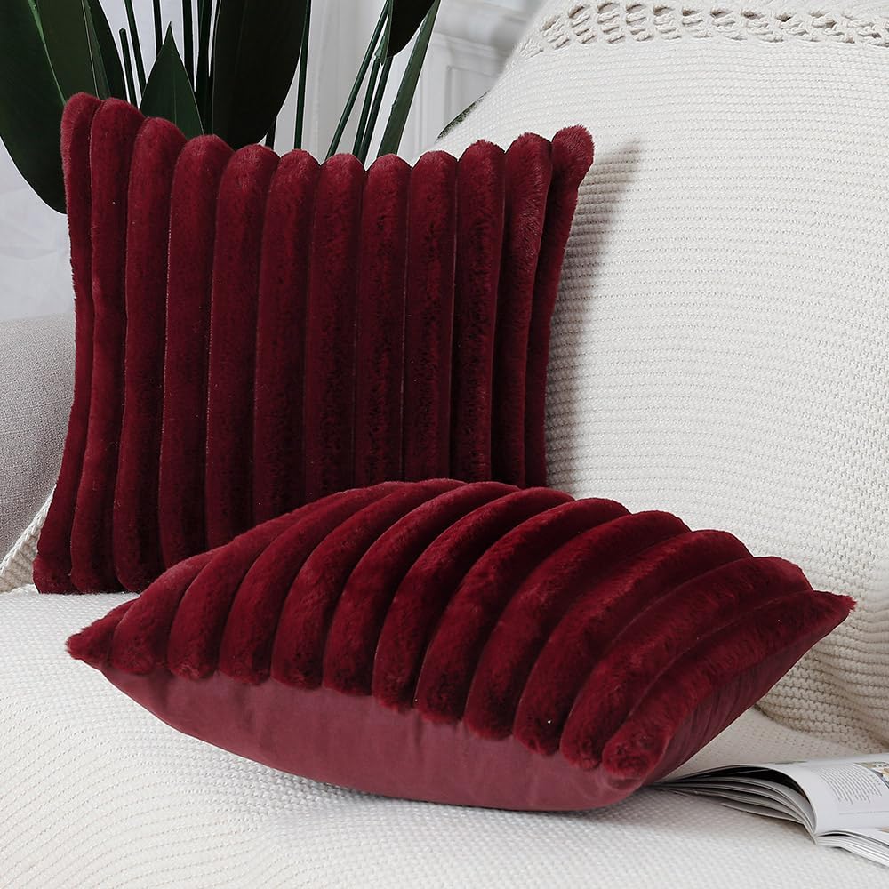 MADIZZ Set of 2 Faux Wool Plush Decorative Throw Pillow Covers 26x26 Inch Burgundy Fluffy Striped Soft Decorative Cushion Cover for Sofa Bedroom Pillow Shell