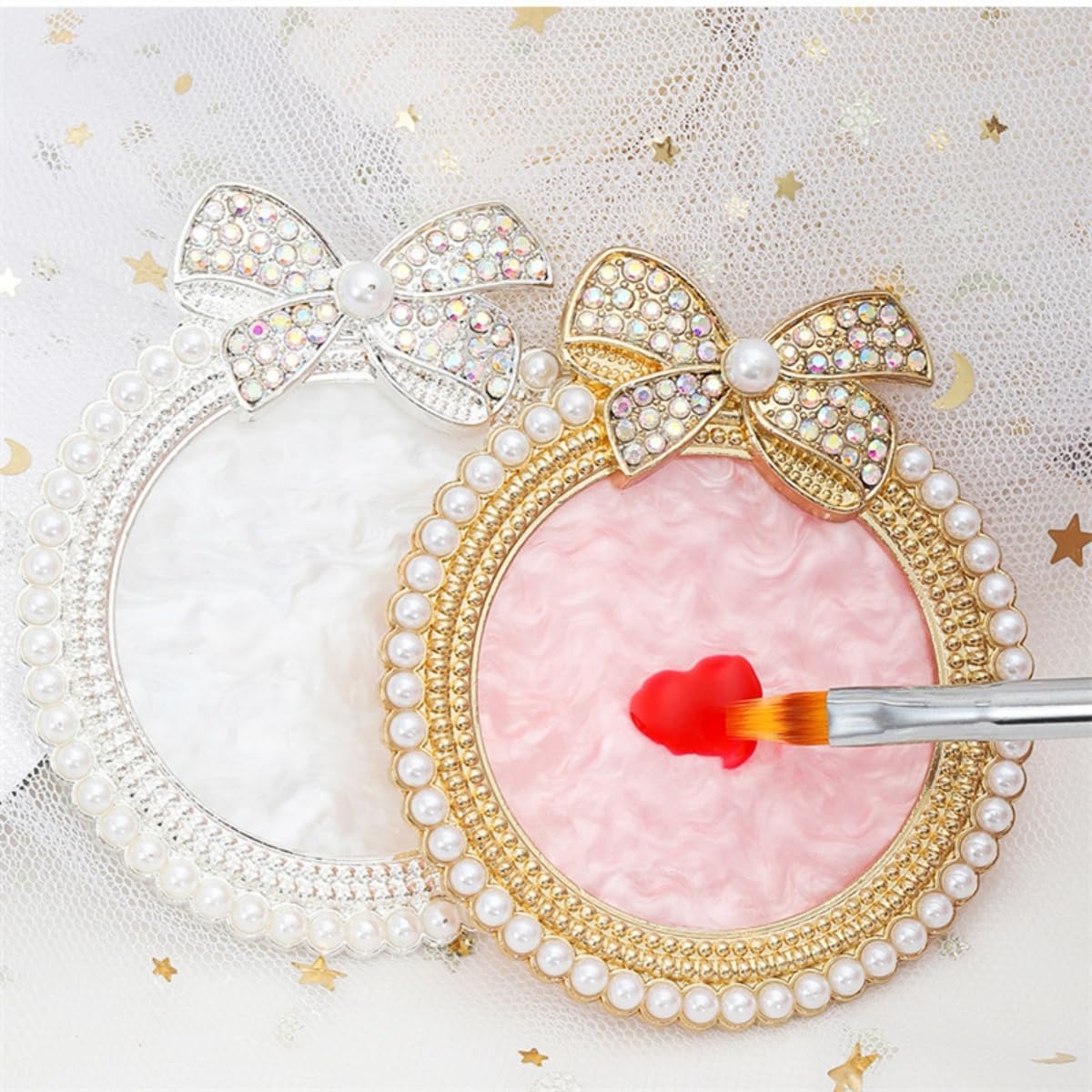 Bow Resin Nail Art Palette, Nail Polish Makeup Mixing Plate, Bow Shaped Pearl Inlaid with Diamonds Nail Display Board Palette (Pink)