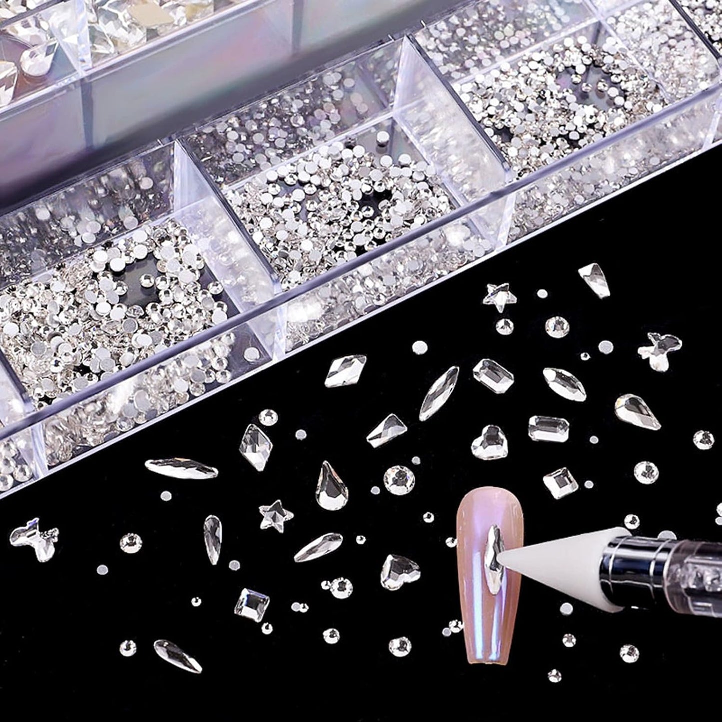 Nail Rhinestones Kit, Nail Art Decorations with Wax Pencil Flat AB Rhinestones Kit DIY Crafts Gemstones for Nail, Shoes, Clothes, Jewels (600 Green diamonds + 2500 flat rhinestones)