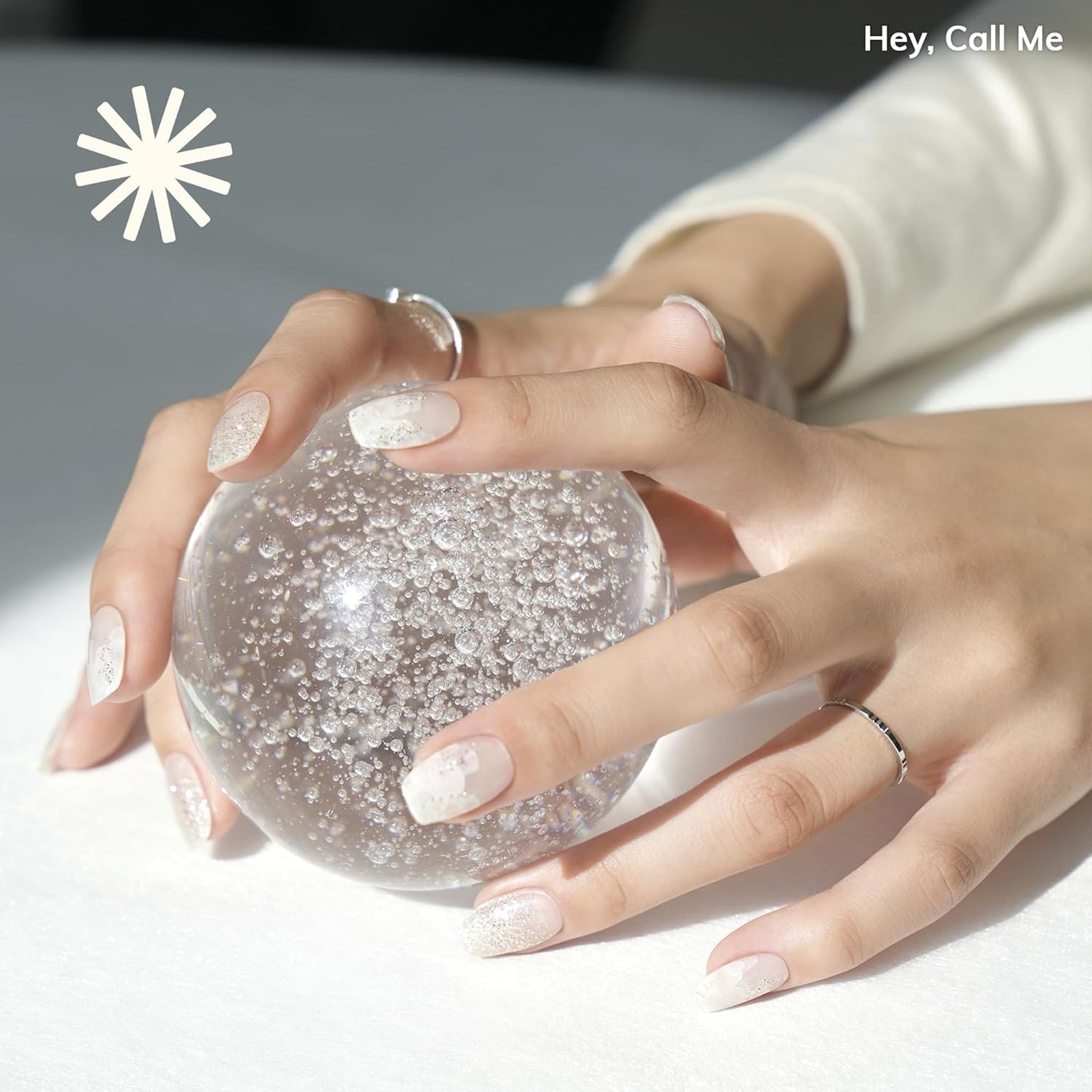 Semi Cured Gel Nail Strips | No LED Lamp Needed | Glitter, White, Spring | Easy Apply & Remove, Salon Quality | Includes 28 Strips, 1 Prep Pads, Nail File & Wooden Stick - Hey, Call Me
