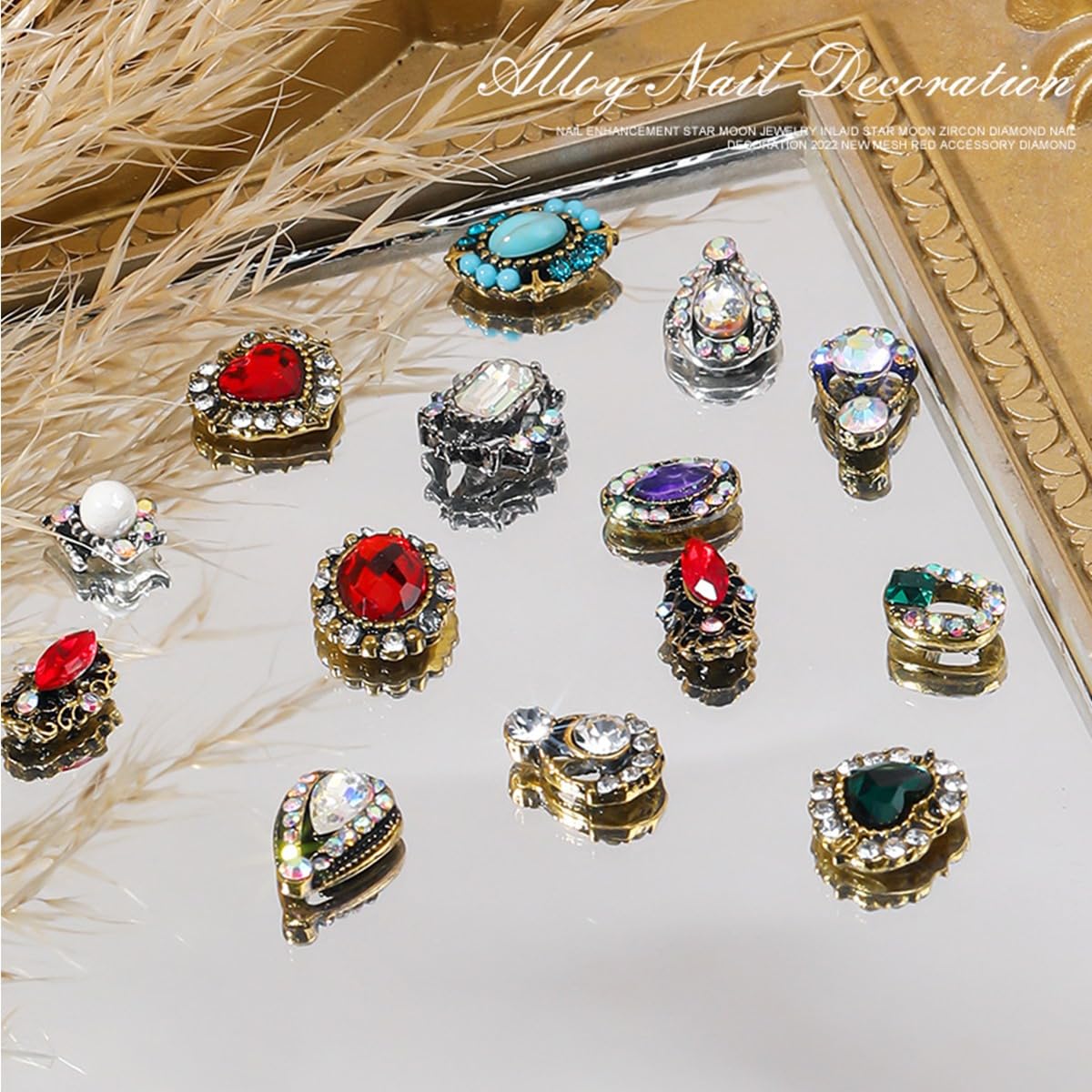 24 Pcs Retro Gold Nail Charms, qiipii 12 Pair 3D Alloy Luxury Nail Gems Elegant Heart Retro Rhinestones for Nails Golden Nail Crystals Diamonds Stones, Nail Art Supplies for Nails Decoration Crafts