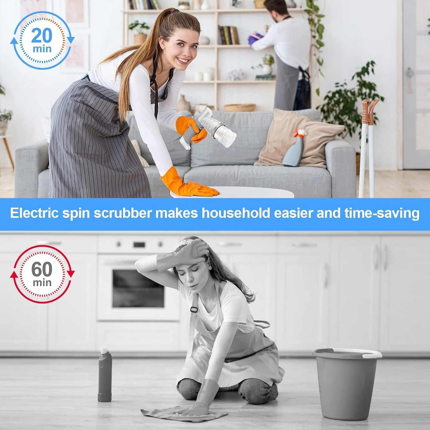 Electric Spin Scrubber, Shower Scrubber with Handle, Waterproof Portable Bathroom Cleaner Brush, Cordless Electric Cleaning Brush with 5 Replaceable Brush Heads for Floor Tile Tub Wall Window Kitchen