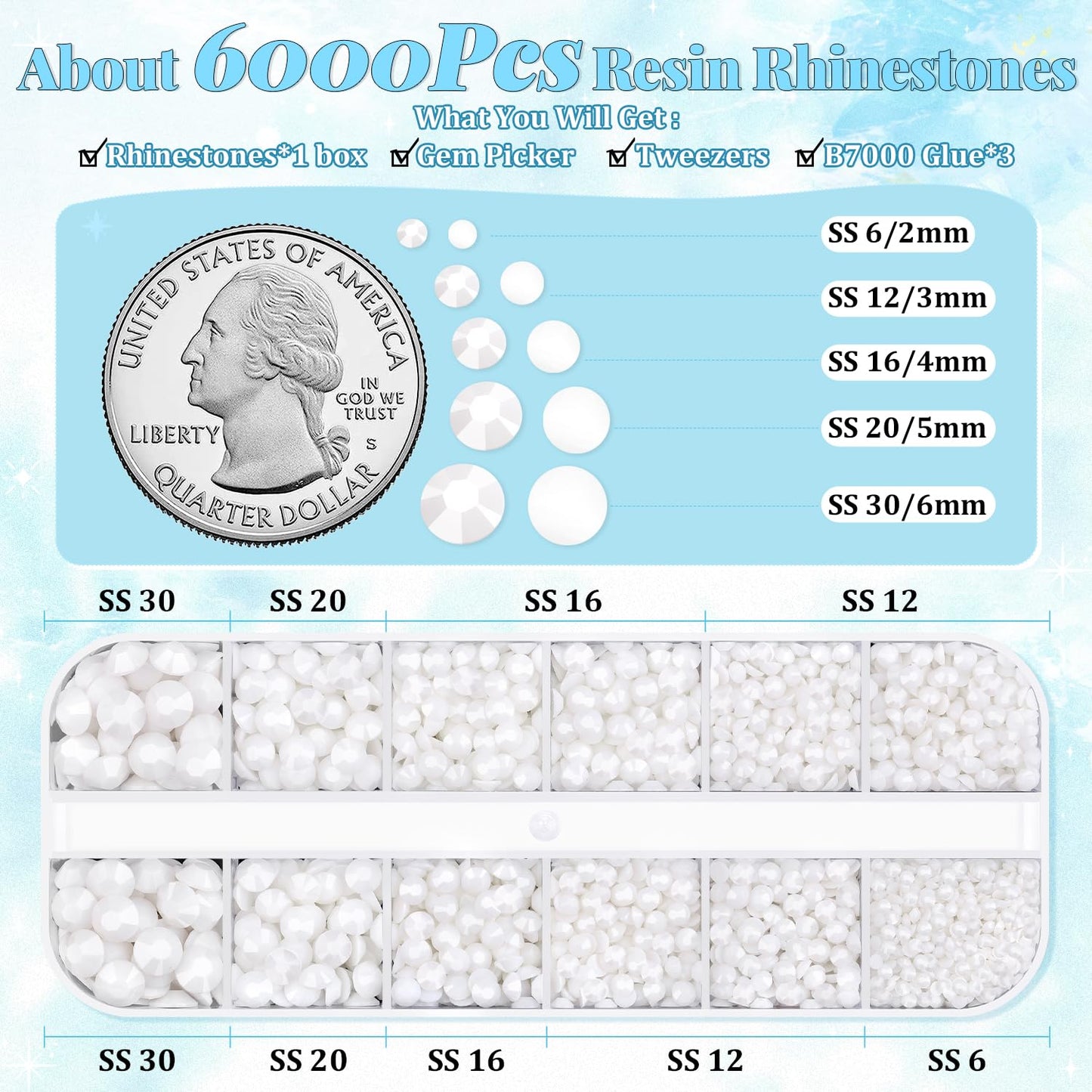 6000Pcs Resin Rhinestones for Bedazzling with 3Pcs B7000 Jewelry Glue, 1 Box White Flatback Rhinestones for Crafting Crafts DIY, Crystals Gems for Clothing Shoes Tumblers Nail Art Makeup