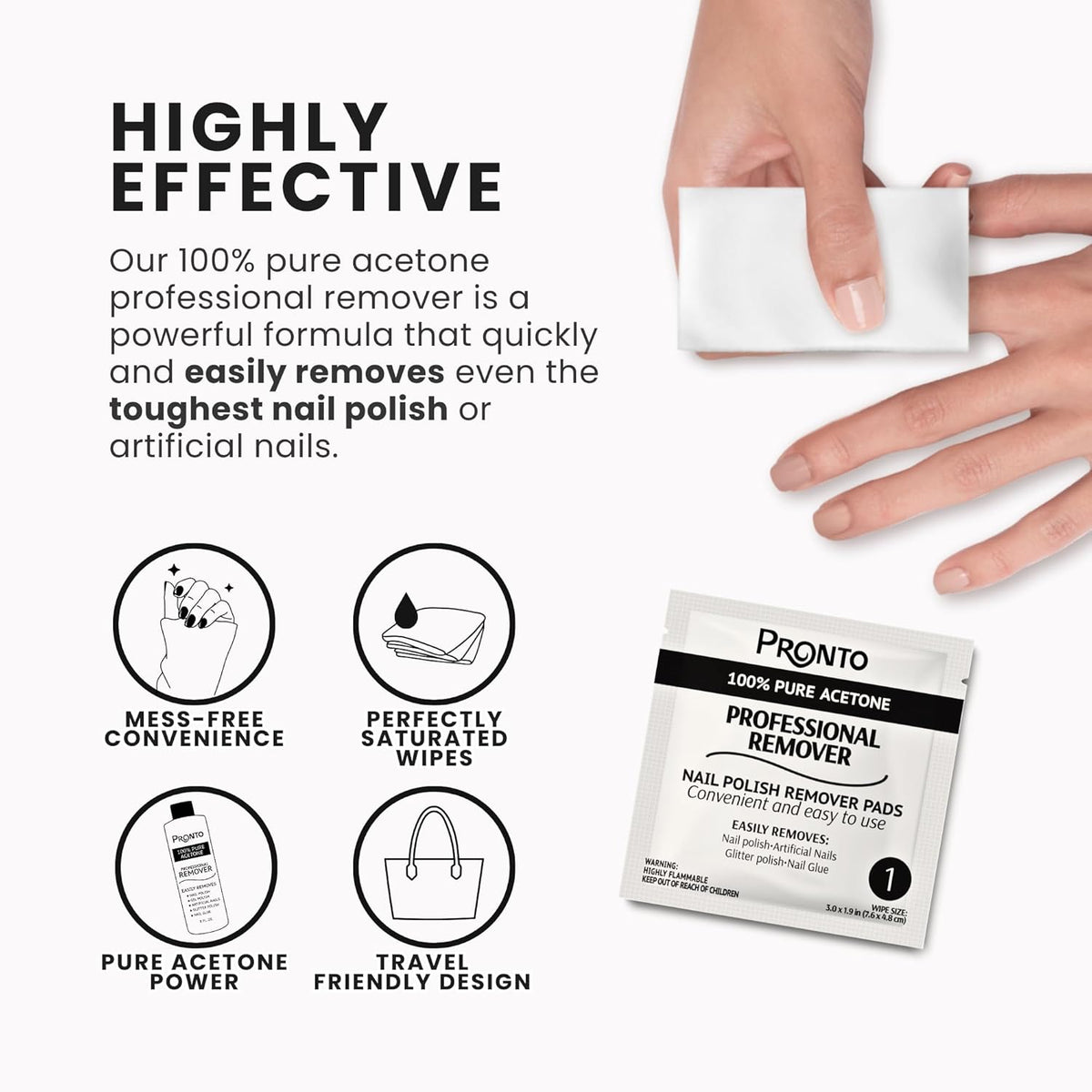 Pronto Acetone Nail Polish Remover Pads, 10 Pcs. Individually Wrapped Acetone Wipes, Pure Acetone Wipes Remover For Salon & Home - Quick Polish Nail Soak Pads