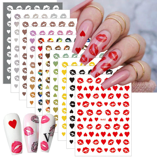 10 Sheets Valentine's Day Nail Art Stickers Sexy Lips Nail Decals 3D Holographic Heart Nail Stickers Self-Adhesive Design Black White Gold Silver Laser Valentines Stickers for Women Nail Decoration
