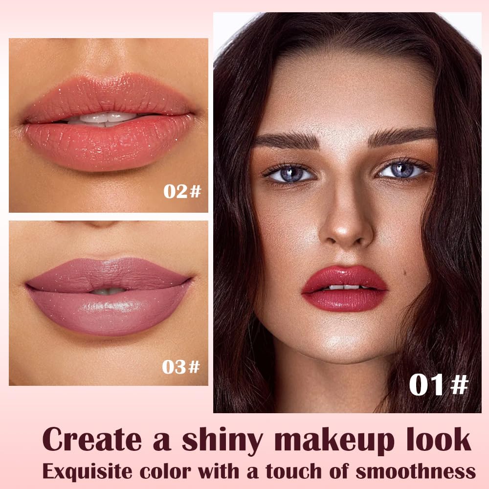3Pcs Metallic Lipstick for Women,Lightweight Shimmer Frosted Lipstick,Glitter Lip Gloss Stain Long Lasting Waterproof Smudge Proof 24 Hour Full Coverage Lip Makeup,Vegan（01,02,03)