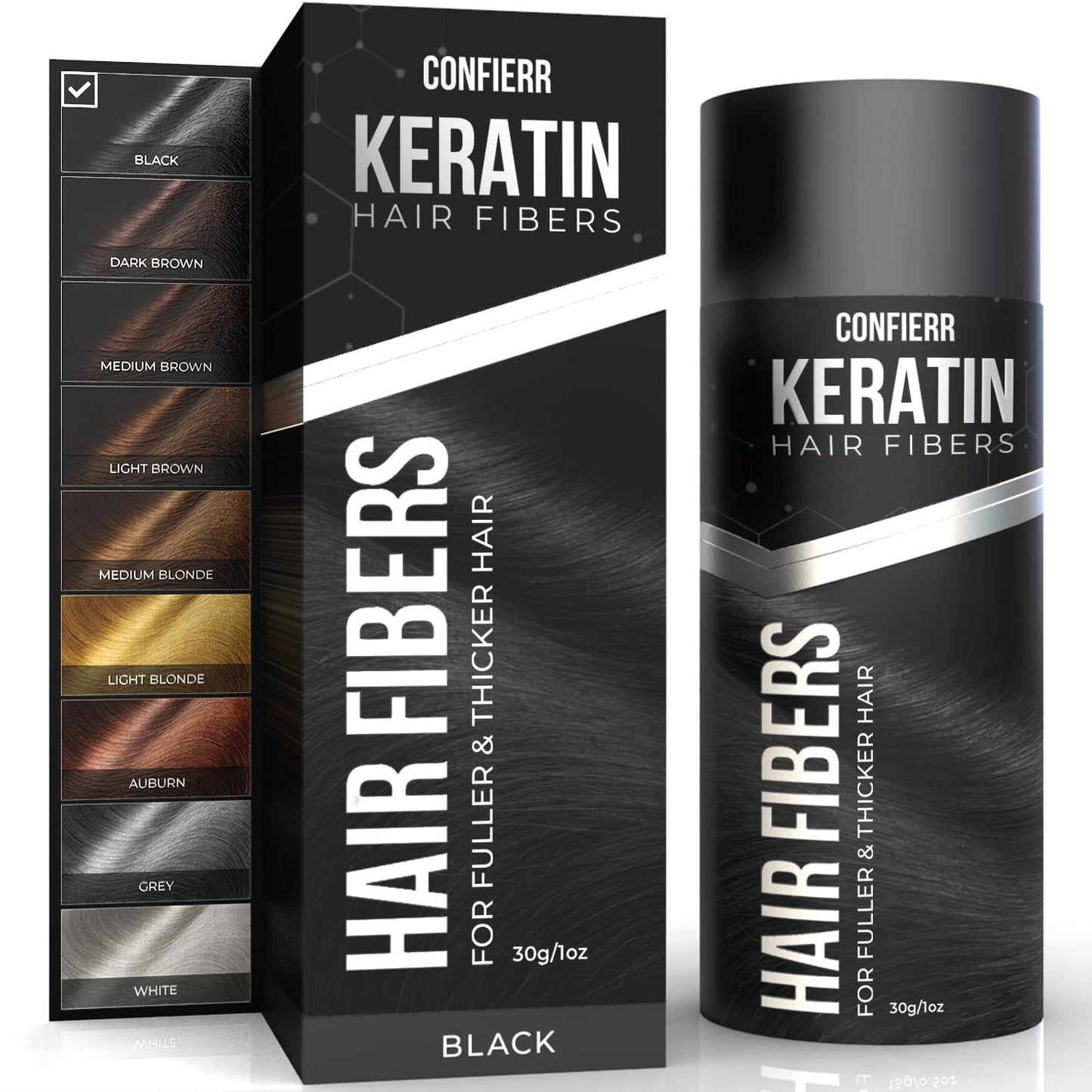 Keratin Hair Fibers for Men & Women - Fill In Fine or Thinning Hair, Instantly Thicker, Fuller Looking Hair (Black 30g)