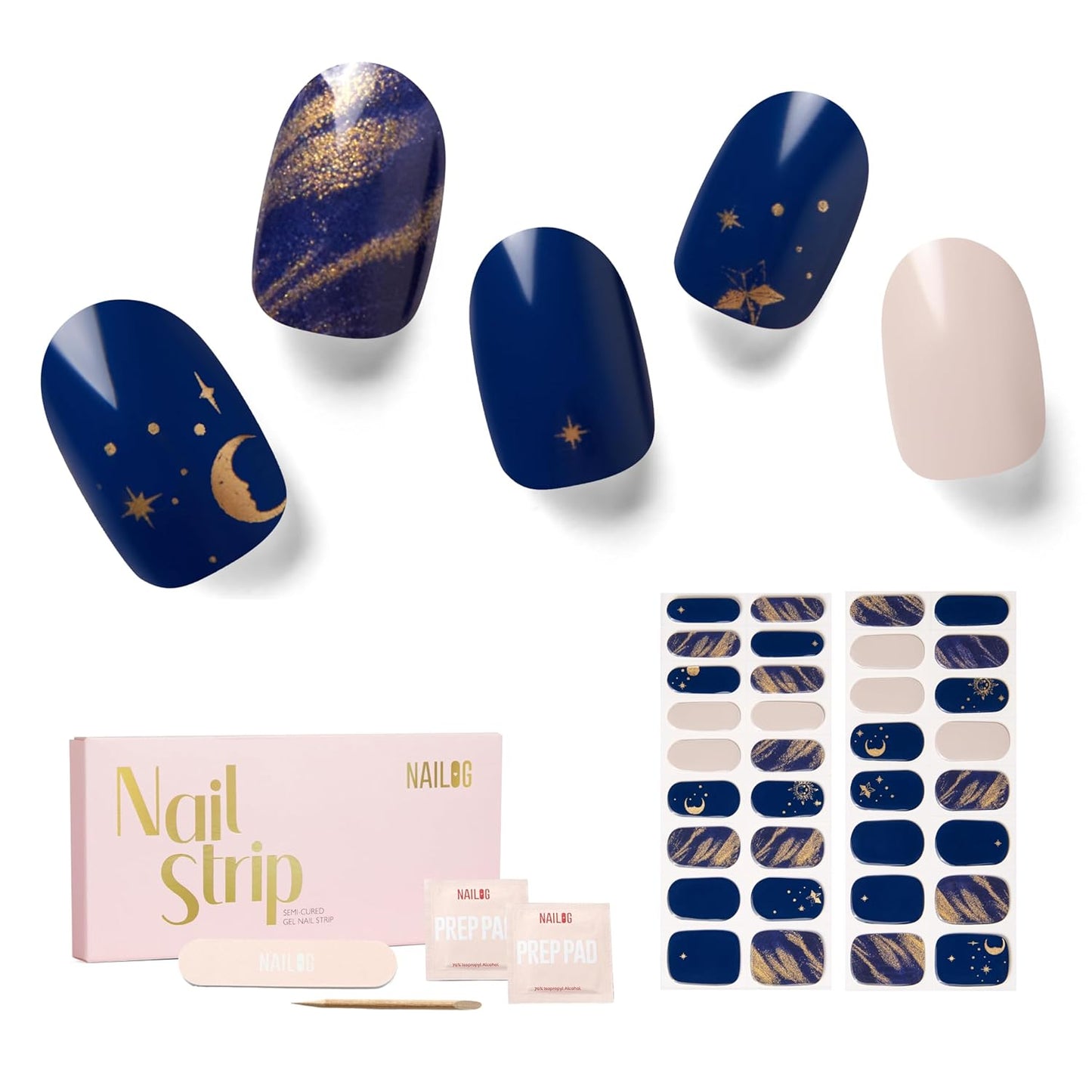 NAILOG Semi Cured Gel Nail Strips 34 pcs| Buy 2 Get 1 UV Lamp | Long Lasting Nail Polish Sticker Wraps with Glossy Gel Finish, Shooting Stars
