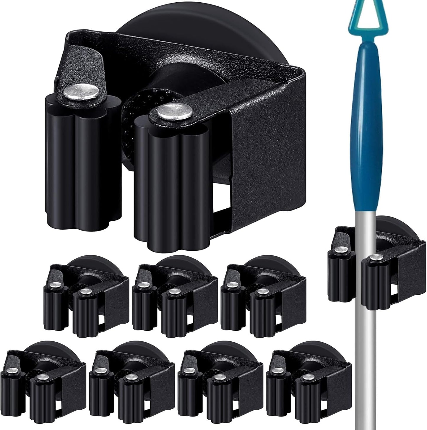 8 Pcs Magnetic Mop Broom Holder Movable Magnetic Broom Holder Rack, Anti Slip Wall Mounted Utility for Cleaning Tools, Garage, Kitchen, Laundry, Garden (Black)