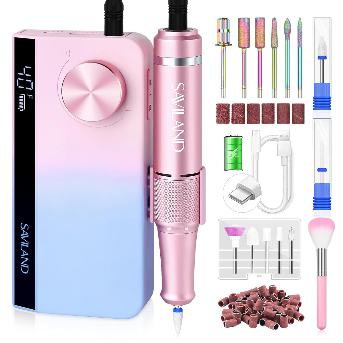 SAVILAND Portable Nail Drill Professional: 40000 RPM Upgrad E File 2024 Digital Pro Electric Cordless Fast Remover Anti-Shaking | Manicurist Nail Salon Superior Compactible for Acrylic Nails