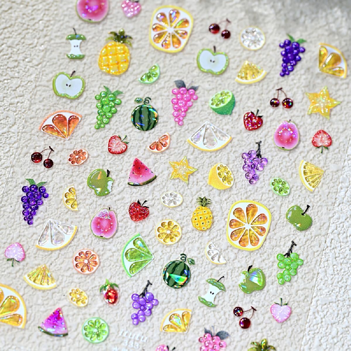 5D Embossed Summer Nail Stickers for Nail Art Self-Adhesive Fruit Nail Art Stickers Strawberry Grape Lemon Apple Cherry Nail Designs Cute Nail Decals Supplies for Women Acrylic DIY Nails Decoration