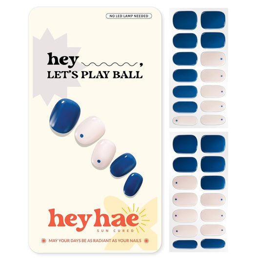 Semi Cured Gel Nail Strips | No LED Lamp Needed | Solid, Blue, Spring | Easy Apply & Remove, Salon Quality | Includes 28 Strips, 1 Prep Pads, Nail File & Wooden Stick - Hey, Let's Play Ball