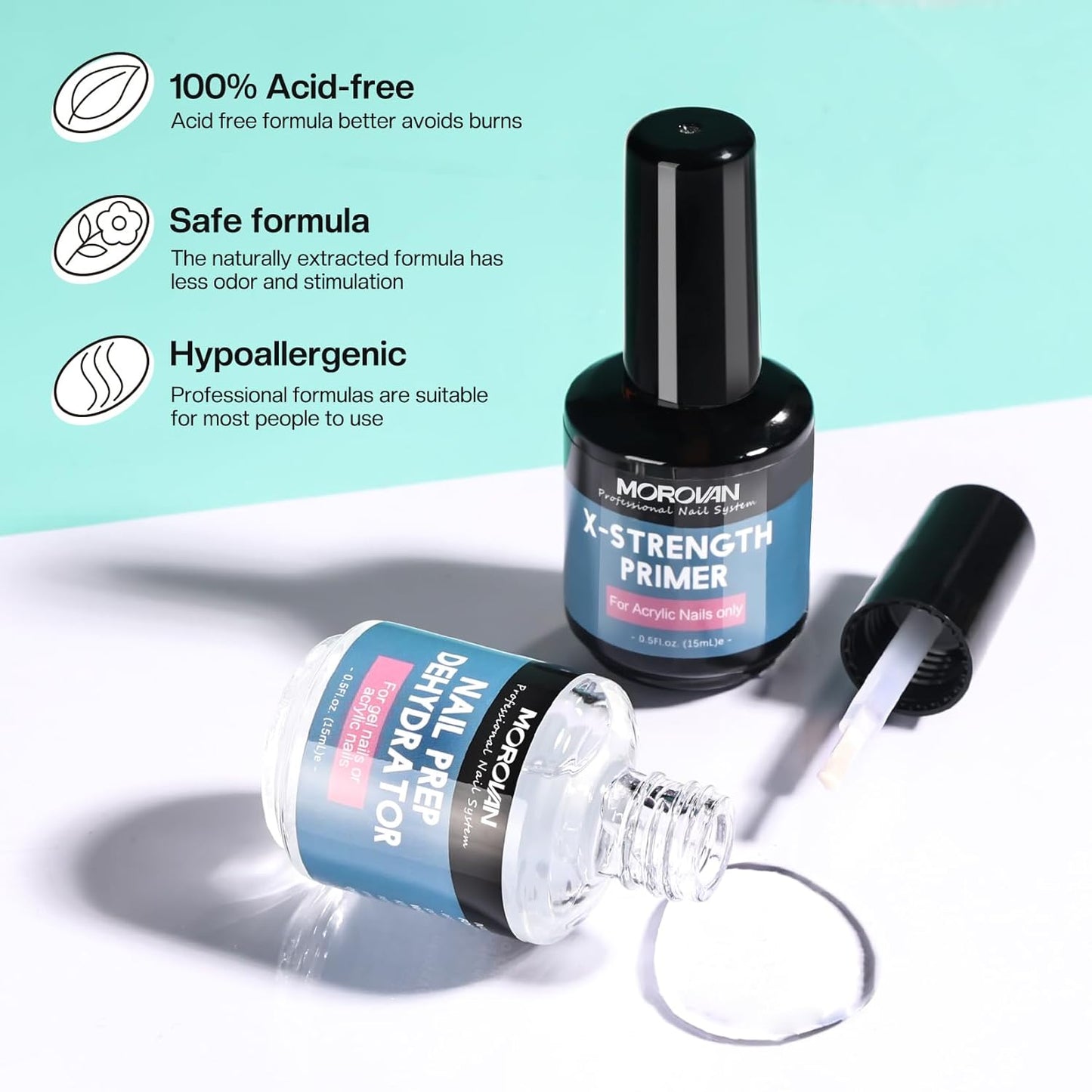 Morovan Nail Prep Dehydrate and Primer X-strength, No Burn Non Acid Nail Primer and Dehydrator for Acrylic Powder Fast Dry 0.5oz