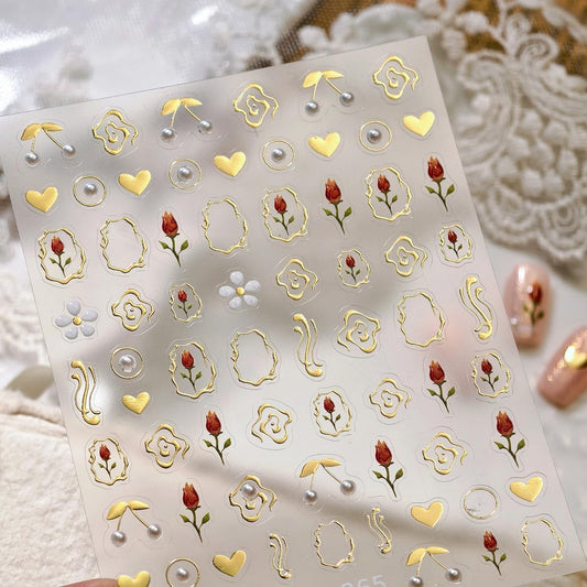 Tulip Nail Art Stickers 5D Embossed Flower Pearl Cherry Nail Stickers, Self-Adhesive Durable Nail Art Decals for Women Girls, Nail Wraps Decoration Manicure for DIY Acrylic Nail Accessories
