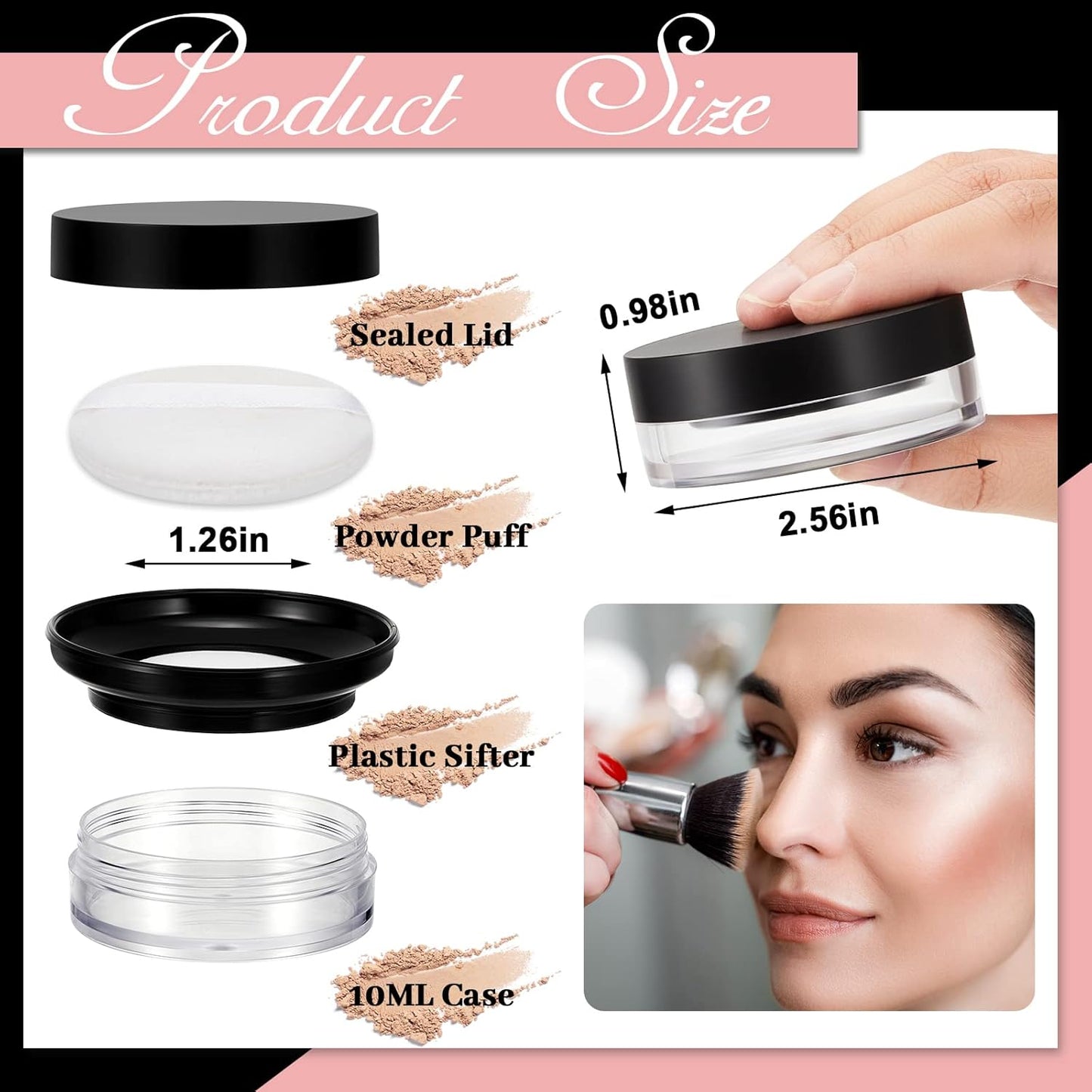 Tessco 4 Pcs 10ml/0.34oz Dusting Powder Containers with Puff Portable Loose Powder Container Reusable DIY Empty Makeup Container No Leak Travel Compact Case with Sponge Puff Elastic Net Sifter