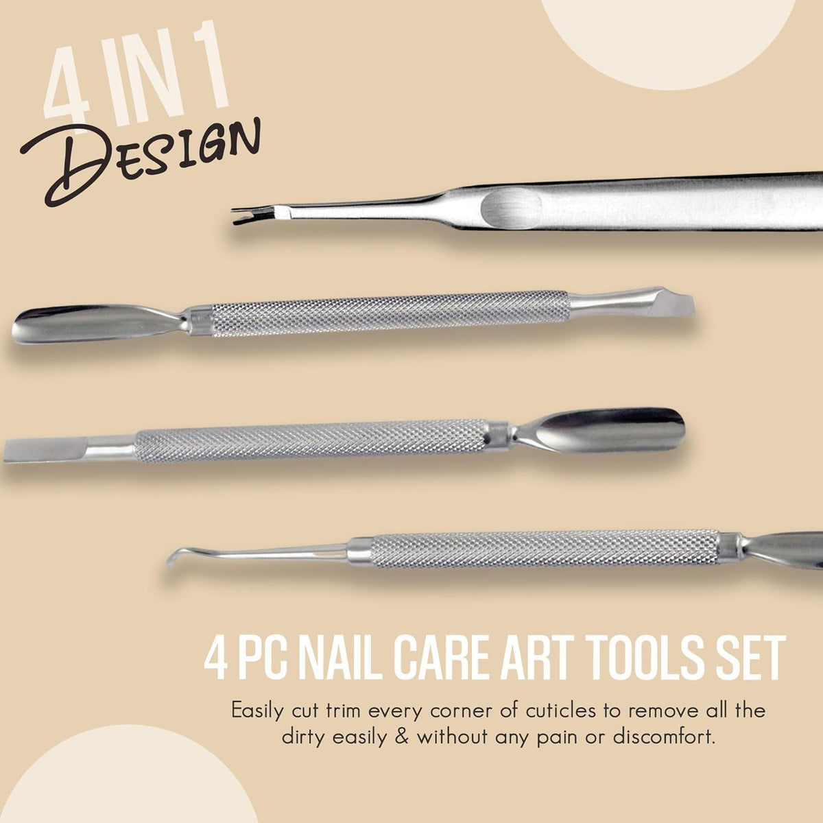Cuticle Pusher Tools - Professional Nail Cuticle Pusher Cuticle Remover Cuticle Trimmer Ingrown Toenail Lifter Nail Cleaner Dual Sided Stainless Steel Manicure Pedicure Women 4 Pack Set Krisp Beauty