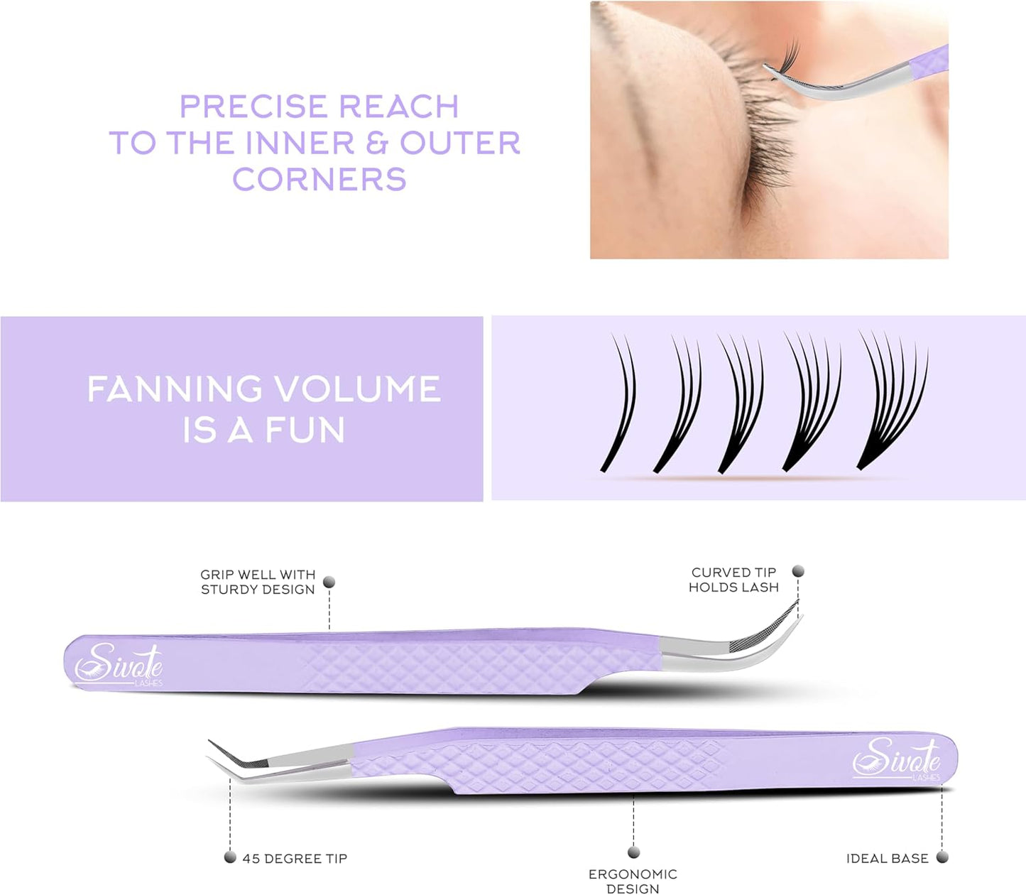 SIVOTE Lash Tweezers for Eyelash Extensions, Pack of 5 Purple – Lash Extension Tweezers Set with Diamond Grip, Precision Fiber Tip for Volume Eyelash Extensions