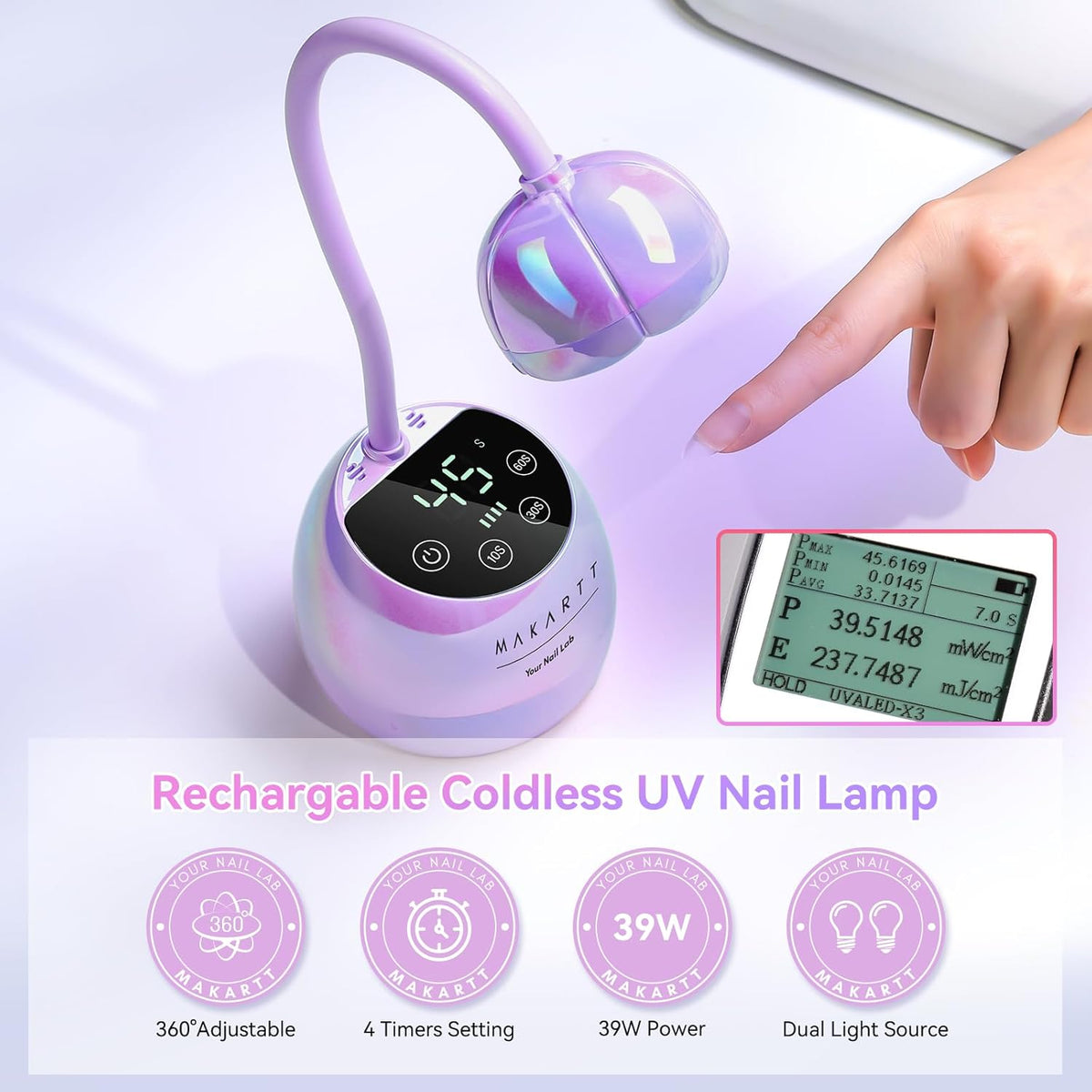 Makartt UV LED Nail Lamp - Gooseneck UV Light for Gel Nails USB 39W Cordless Flash Cure Lamp with 4 Times & Auto Sensor Nail Dryer Fast Curing Nail Art Design for Salon Home DIY (Glazed Purple)