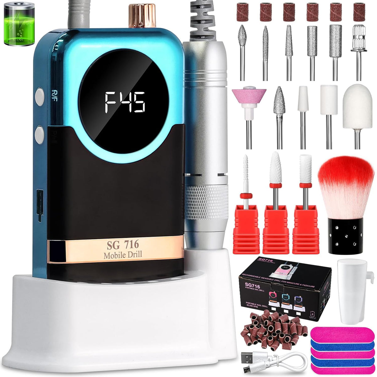 Electric Nail Drill Professional Kit - 45000RPM Electric Nail File Efile Portable Nail Drill Cordless with Bits & Base,E File Machine Nail Grinder for Women (Green)