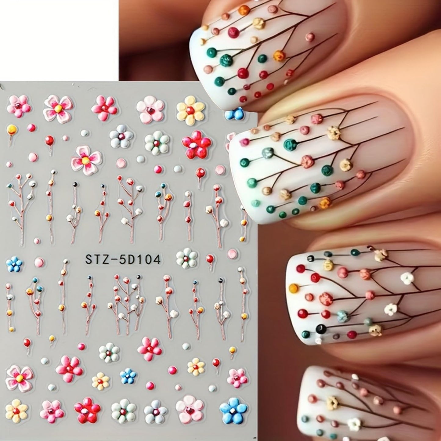 6 Sheets Flowers Nail Art Stickers Decals 5D Self-Adhesive Spring Colorful Embossed Floral Nails Decals Designs DIY Flowers Nail Stickers Supplies for Women Nail Art Manicure Decoration Accessories