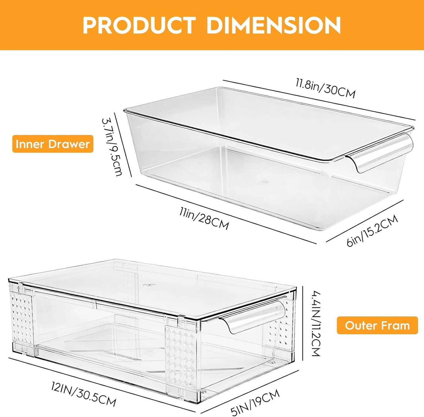 Clear Stackable Storage Drawers, 3.95” Height, 4-Pack Acrylic Organizer for Bathroom & Cabinet Use